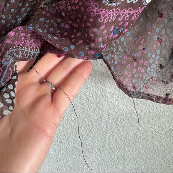 Y2K VTG Frech Connection 100% Silk Sequin Front Tie Blouse Festival Boho Sheer - Picture 7 of 11